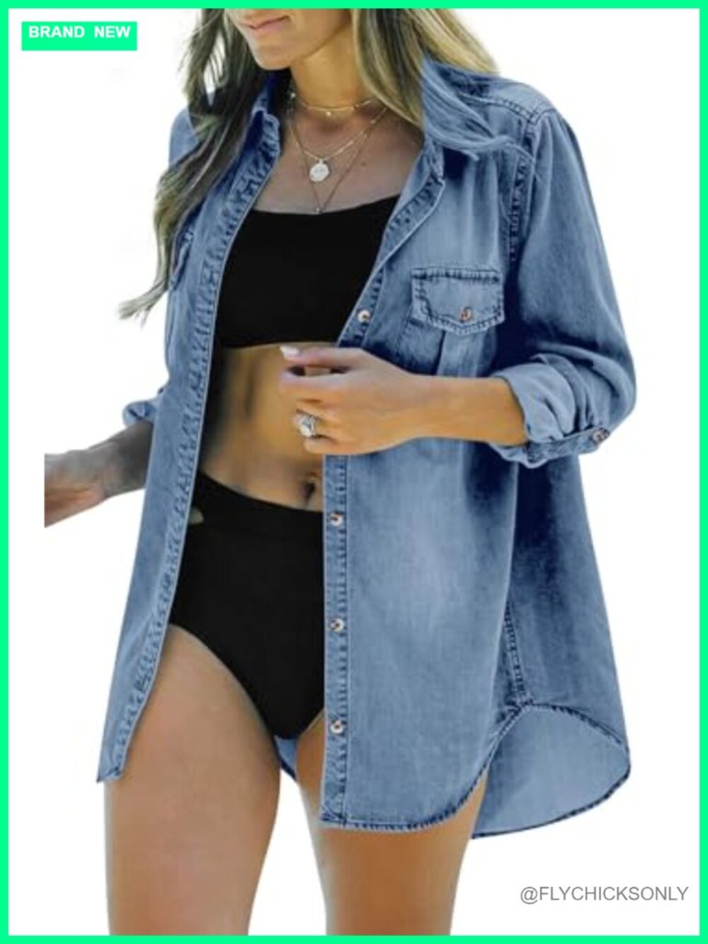 Button Down Denim Shirt Oversized Long Sleeve Roll Up Casual Jean Jacket Tunic - Picture 4 of 7